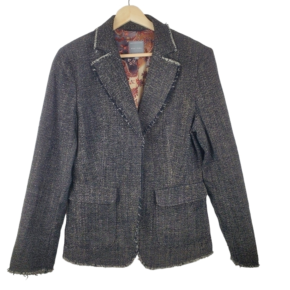 Marc Aurel Black Tweed Blazer Raw Hem‎ Flap patch pocket Office Hidden Snap wool